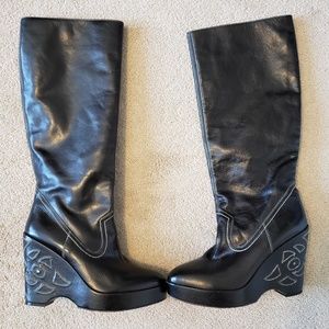Black Leather heeled knee-high boots